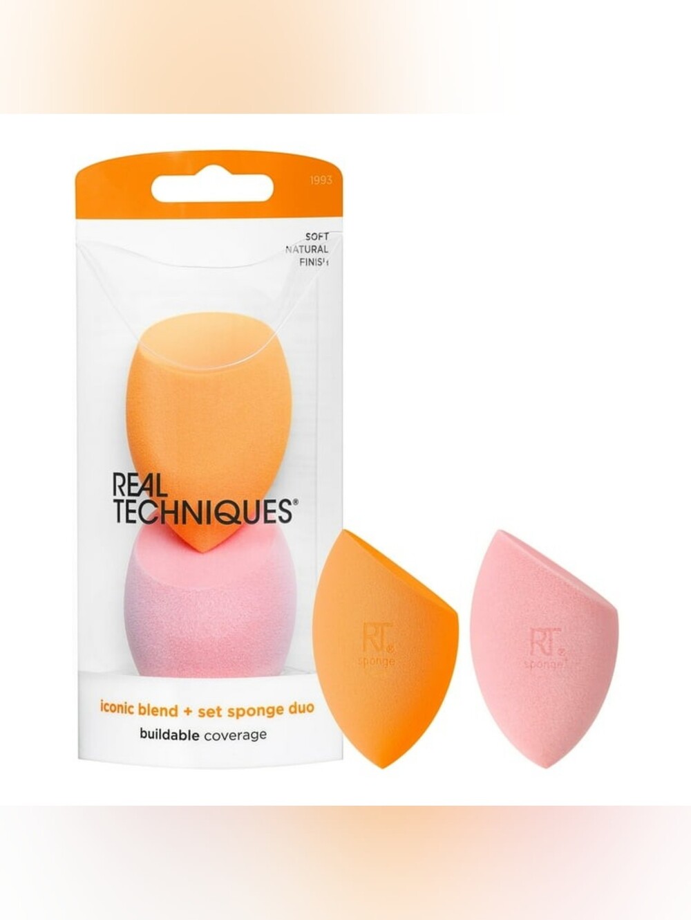 Real Techniques Iconic Blend + Set Makeup Sponge Duo, Orange & Pink Makeup Spong